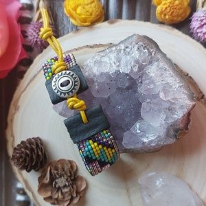 Hand Crafted Beaded Cuff, Leather By Rust Belt Raised